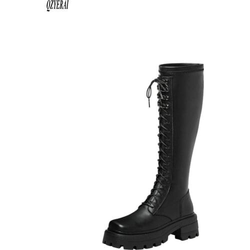 2021 Winter New style Genuine leather Knee-high boots Women boots Motorcycle boots Snow boots warm stretch Women shoes