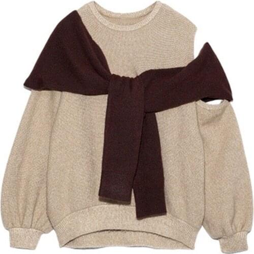 2021 Japan Style Autumn Fashion Sweet Sweaters Sexy Shoulder Strapless Knitted Tops Puff Sleeve Fake Two Piece Pullover