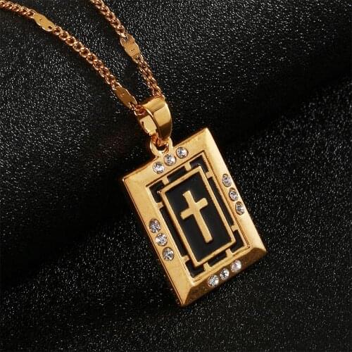 Gold Color Rhinestone Crucifix Cross Pendant Necklaces Black Enamel Cross Women Jewelry