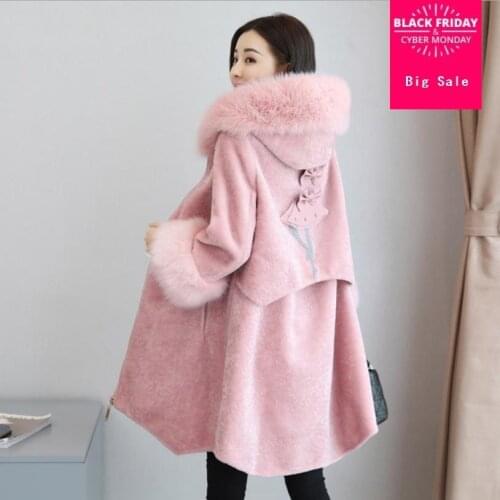 2018 Winter Womens Wool Coat Faux Fur Coat Long Sleeve Fox Fur Hooded Warm Cashmere Jacket casual pink black Overcoat L1483