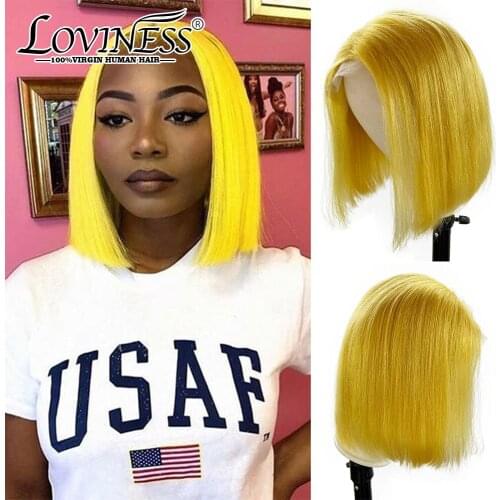 Yellow Bob Lace Front Wig 180 Density 13x1 Short Straight T Part Human Hair Wigs Brazilian Remy Blunt Cut Bob Lace Frontal Wig
