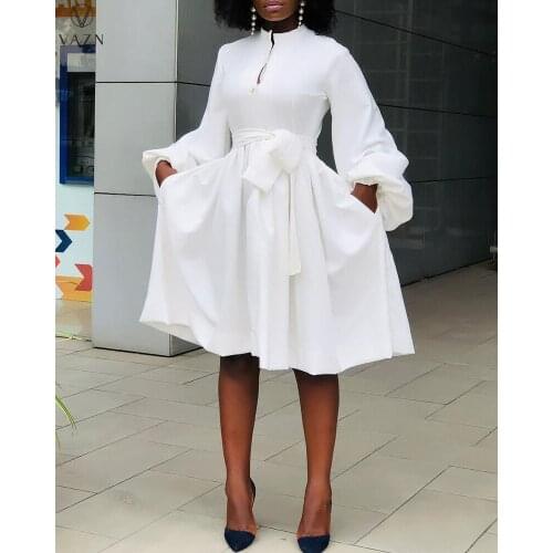 VAZN 2021 Top Quality Plus Size Chiffon Young Office Solid Lady Sweet Full Puff Sleeve Midi Dress Ball Gown Women Dress