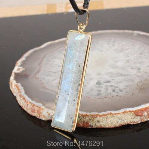 Diaphanous Natural Labradorite Rectangular Double Sided Plated Gold Bead Gem Pendant 1PCS