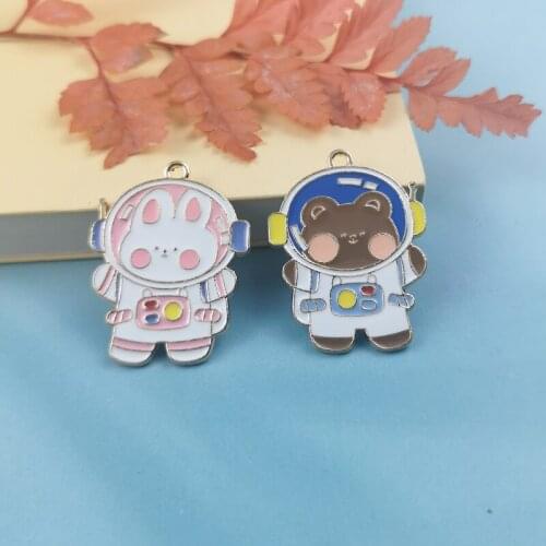 10pcs Fashion Alloy Enamel Astronaut Rabbit Bunny Bear Charms Pendant For Metal Earrings Hair Accessories DIY Jewelry Making