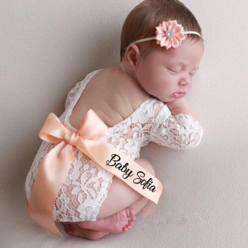 Personalized Newborn Lace Romper and Flower Headband Custom Your Design Ribbon Baby Photography Props Lace Outfit Bebe Fotos