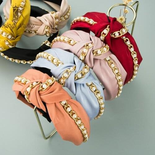 Korean Gold Color Chain Bowknot Headband for Woman Elegant Simulated Pearl Beaded Twisted Hairband Turban Girls Hair Accessories
