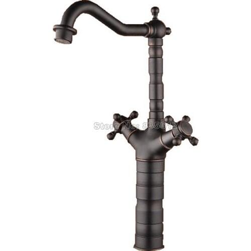 Bathroom Basin Sink Dual Handles Faucet Black Oil Rubbed Bronze Single Hole Deck Mounted Vessel Sink Mixer Taps Wnf021