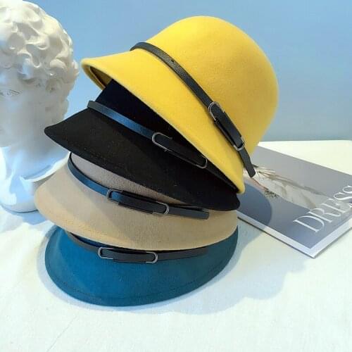 2021 new autumn and winter wool felt hat children art belt buckle basin hat pure color fisherman hat woolen fashion hat trend
