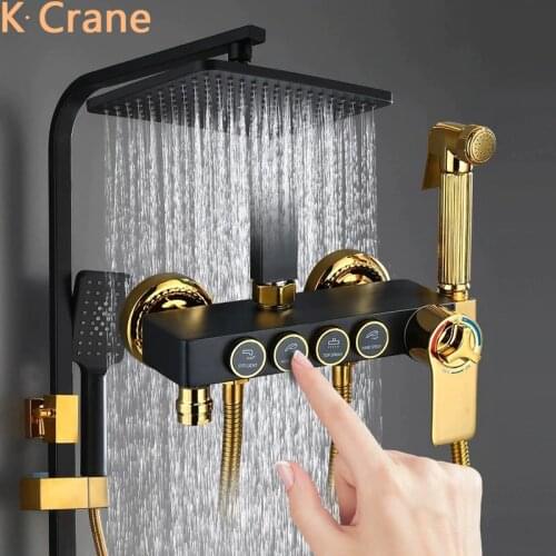Thermostatic Shower Set Square Head SPA Rainfall Shower System Bathroom Wall Mount Black Bath Faucet Hot Cold Mixer Copper Tap