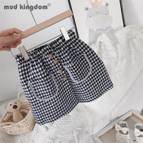 Mudkingdom Girl Plaid Skirt Elastic Waist Pocket Button Houndstooth A-line Skirts for Toddler Spring Autumn Children Clothing