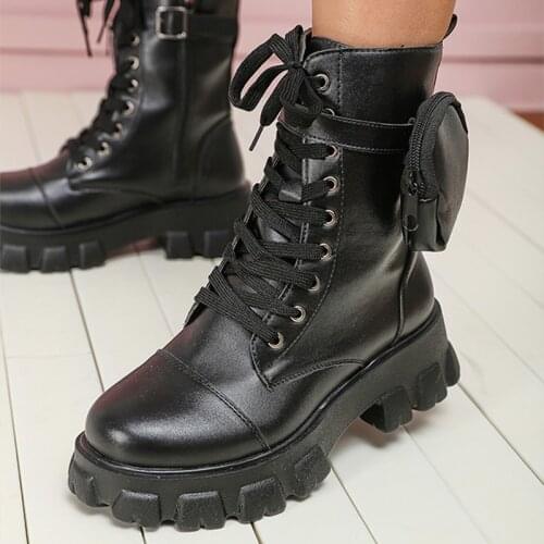 MCCKLE Woman Ankle Boots PU Leather Platform Womens Boots Pocket Design Ladies Lace Up Waterproof Autumn Shoes Fashion 2021 New