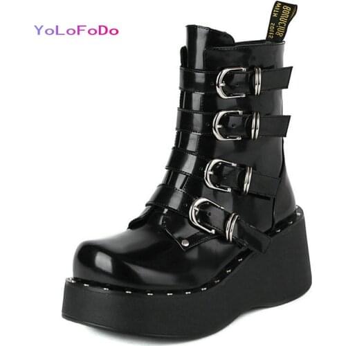 2021 Autumn Winter Women Ankle Boots Platform Flat with Ladies Motorcycle Boots Patent PU Leather Buckle Women Punk Boots Black