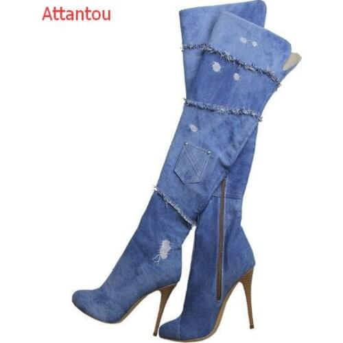 Cut-outs denim blue thigh high boots sexy pointed toe over the knee high heel boots woman thin heels boots
