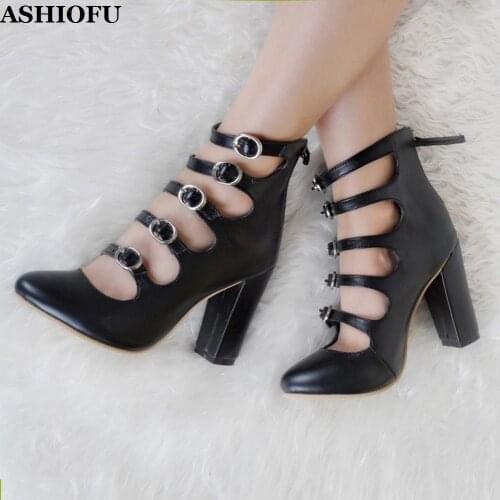 ASHIOFU Handmade New Style Ladies Chunky Heel Pumps Five-buckle Straps Party Prom Shoes Sexy Evening Club Fashion Court Shoes
