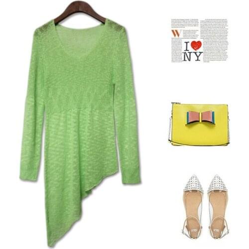 Almoda Women Stylish Irregular Sweater O-Neck Pullover Asymetrical Female Sweater Top Candy Color Pink Green Grey Black White