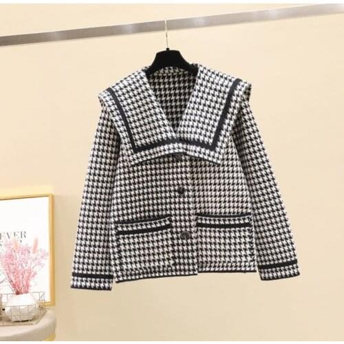 Sweater jacket female autumn and winter new 2021 houndstooth navy collar loose mink velvet knitted cardigan fashion casual