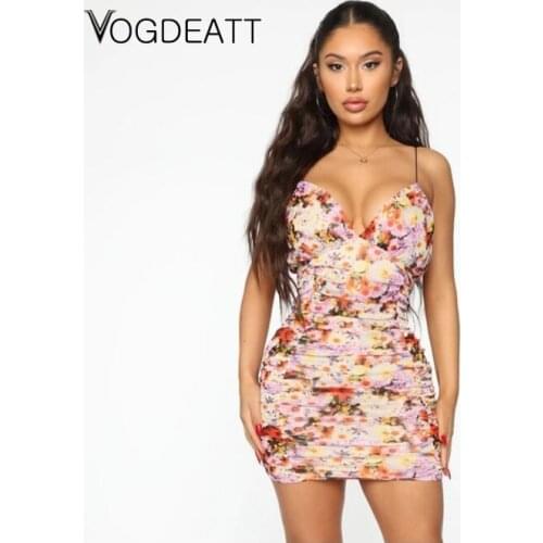 Sexy Open Back Floral Dress Ladies Suspenders V Neck Draped Tight Dress Fashion Ladies Summer Mini Party Dress