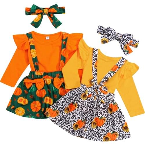 1-5Y Toddler Baby Girl Halloween Dress 2pcs Solid Color Long Sleeve Tops+Pumpkin bow suspender skirt suit Clothes Set Outfits