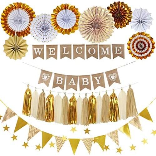 Gold Tissue Paper Fans Flowers Balls Lanterns Tassels Party Decor Craft For Welcome Baby Banner Shower Party Wedding Decoration