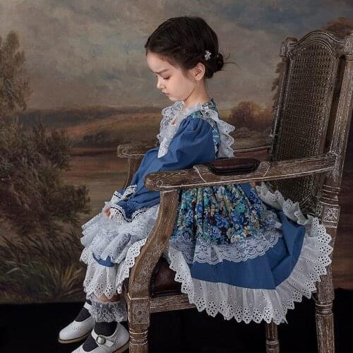 2021 Baby Girls Princess Dress Blue Floral Lace Trumpet Mermaid Party Anniversary Lolita Kids Long Sleeve Children Clothing