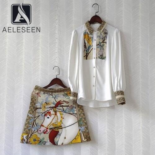 AELESEEN 2021 Designer Fashion Set Long Sleeve Shirt+Mini Beading Short Skirt Women Casual Lady Two Pieces Sets
