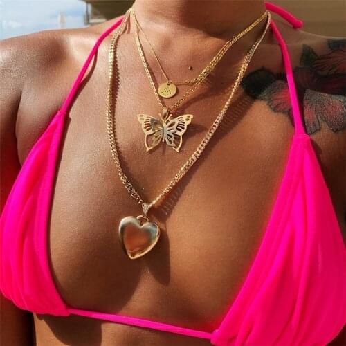 ALYXUY Women Punk Style Butterfly Heart Round Letter A Pendant Necklace Multilayer Gold Chain Necklace Personality Party Jewelry