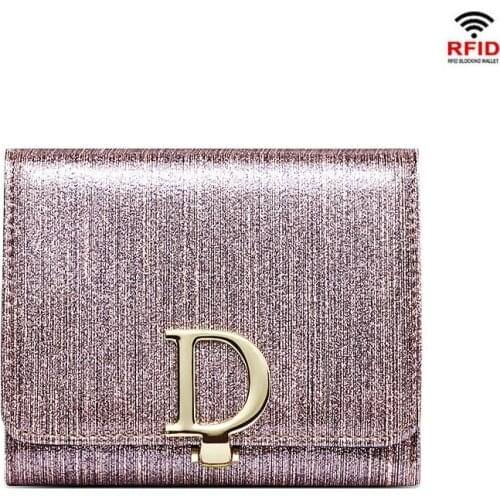 RFID Blocking Shinny Genuine Leather Women Wallets Mini Pink Short Clutch Luxury Female Purse Card Holder