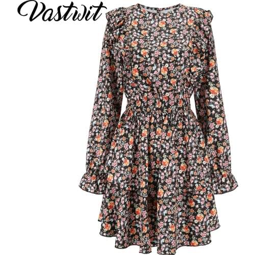Women Long Sleeves Ruffle Shoulder Floral Print Mini Dress Spring Summer Elegant Fashion Beach Dress