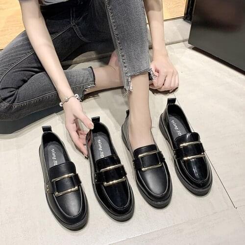 British small leather shoes womens autumn 2020 new black all-match one-step loafers flat shoes women