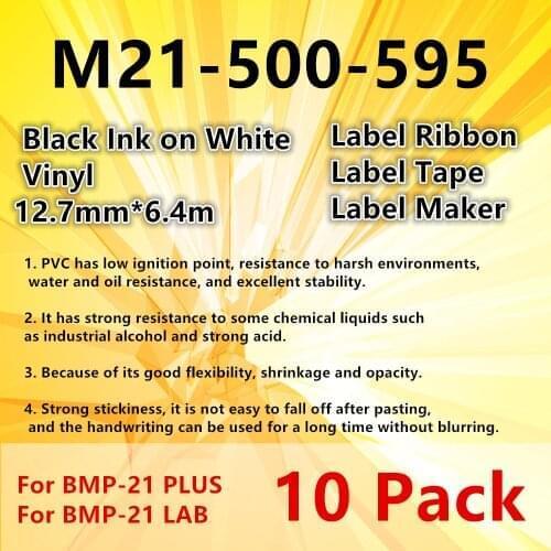 10 Pack M21 500 595 Vinyl Label tape M21-500-595 ribbon Black on White Film for BMP21-PLUS bmp21 plus printer