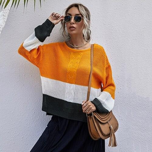 Fashion Patchwork Jumper Sweater Women Casual Full Sleeve Autumn Winter Knitted Oversize Pullovers Sweater Tops For Women New