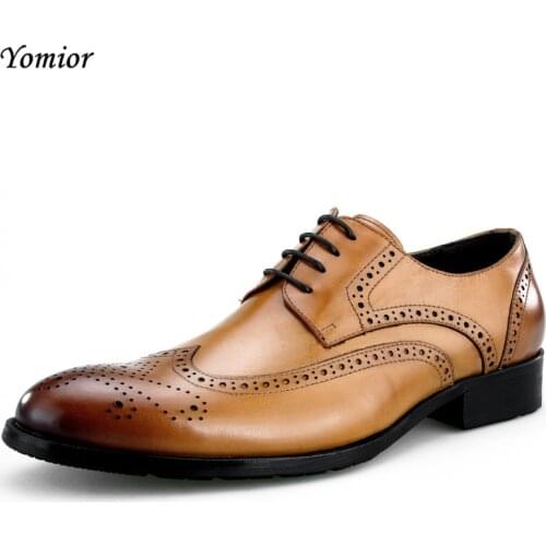 Men Business Formal Dress Shoes Oxfords Men Leather Shoes Lace-Up British Style Genuine Leather Brogue Shoes Classic Fashion