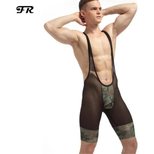FR New Mens Camouflage Patchwork Underwear,Sexy Mens Bodysuits,Mens Suspender Jockstrap Wrestling Singlet Underwear