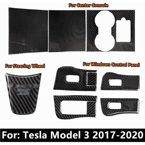 For Tesla Model 3 Real Carbon Fiber Interior Parts Center Console Cover Door Windows Button Control Panel Steering Wheel Sticker