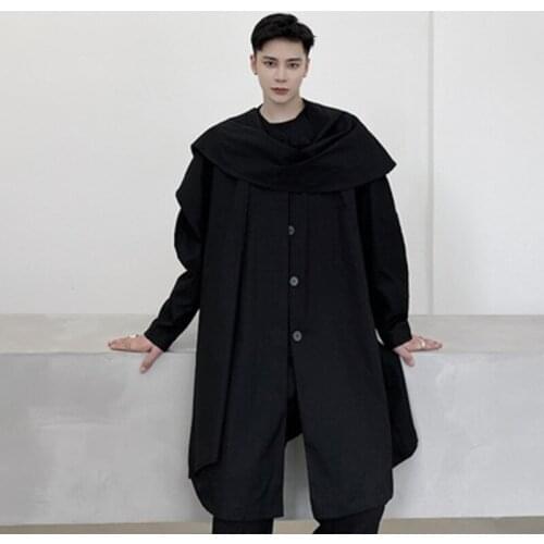 New Dark Mens mid-length windbreaker removable Shawl Hairdresser Youth Loose windbreaker