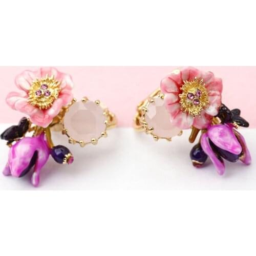 New hand-painted enamel glaze fashion temperament trend classic fresh flower zircon ear hook French niche female earrings