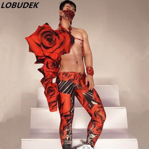 Men Women Dance Group Show Stage Wear Red Rose Sleeve Shoulder Leggings Festival Outfit Bar Nightclub Rave Performance Clothes