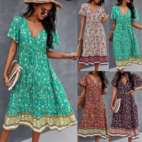 Printed Dress 2021 spring and summer V-neck short sleeve Bohemian style Vestido
