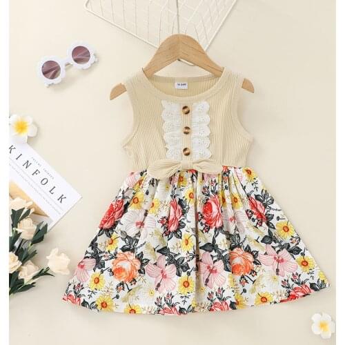 Children Dresses Toddler Kid Baby Girls Suspender Ribbed Splice Ruffled Floral Bow Princess Dress Kids Clothes Girls Vestidos