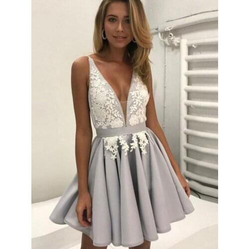 Sliver A-Line V-Neck Above Knee, Mini Satin Short Formal Dresses With Applique Spaghetti Strap
