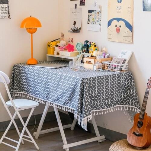 Thick Cotton Linen American Style Stylish Stripes Pattern Tablecloth with Tassel Meal Cloth Pad for Tea Table