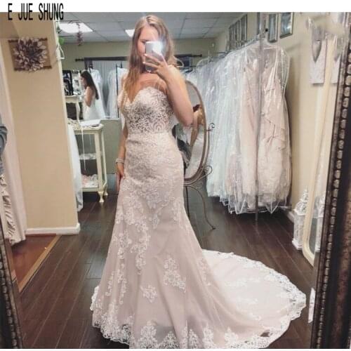 E JUE SHUNG Mermaid Wedding Dresses Spaghetti Strap Open Back Appliques Wedding Gowns Bridal Dresses robe de mariee customize
