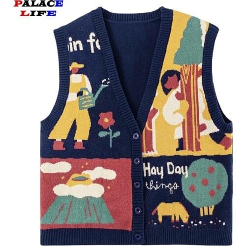 Korean Style Sweaters Vest Mens Cartoon Print Loose Fit Jumpers Knitwear Sleeveless Sweater Woman Casual Men Clothes 2021