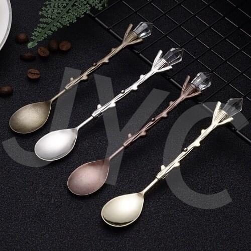 16 Pcs Retro Crystal Head Branch Carved Alloy Small Spoon Creative Mug Spoon Coffee Ice Cream Spoon Carved Spoon