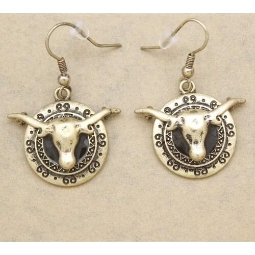 Vintage Gold Texas Western Longhorn Steer Buffalo Bull Horn Etched Scroll Cowgirl Drop Dangle Earrings Women Oorbellen Orecchini