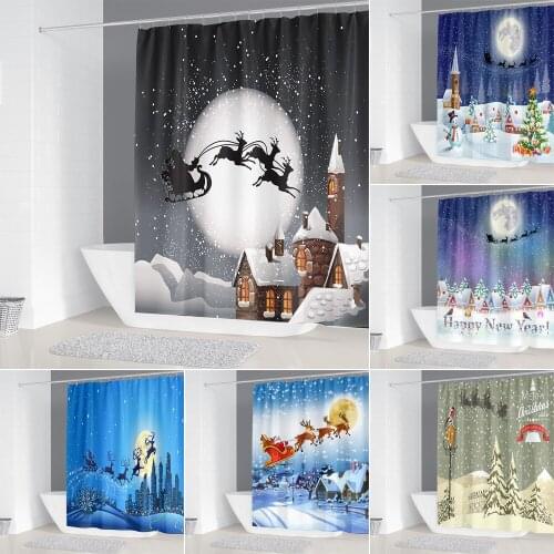 Santa Claus Bathroom Curtain with 12 Hooks Polyester Fabric Shower Curtains Merry Christmas Bath Screen Happy New Year