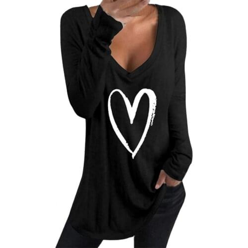 2021 Summer T-shirt Top Women Deep V Neck Love Heart Print Cotton Blend Long Sleeve T Shirt Tunic Female Casual Loose Top