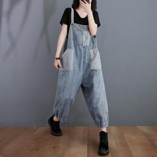 Women overall denim fabric patch rompers spring/autumn overalls women jumpsuits suspenders jeans student overalls female rompers