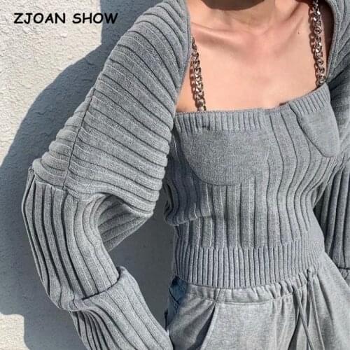 1 set Striped Line Rib Knitting Shawl Sweater Cropped Women Cardigan Long sleeve Scarf Chain Camis Set 2021 Autumn Stylish
