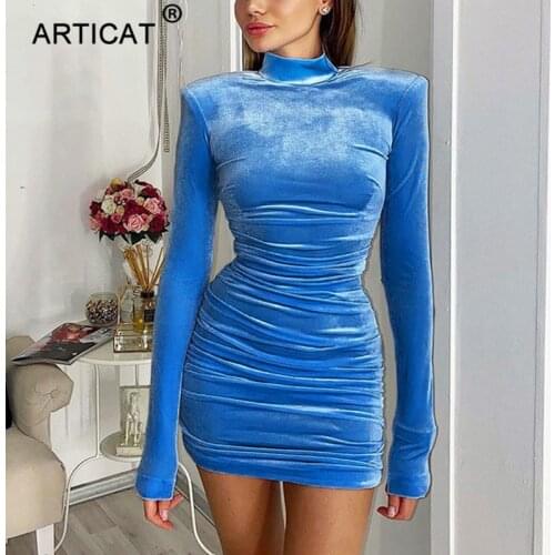 Articat Velvet Turtleneck Ruched Dress For Women Solid Long Sleeve Bodycon Dresses Ladies 2020 Winter Slim Warm Vestidos